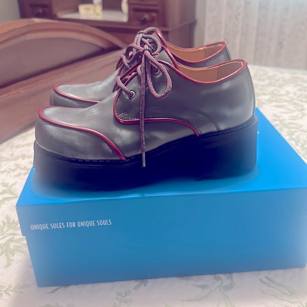 Fluevog YRSA blue leather platform shoes